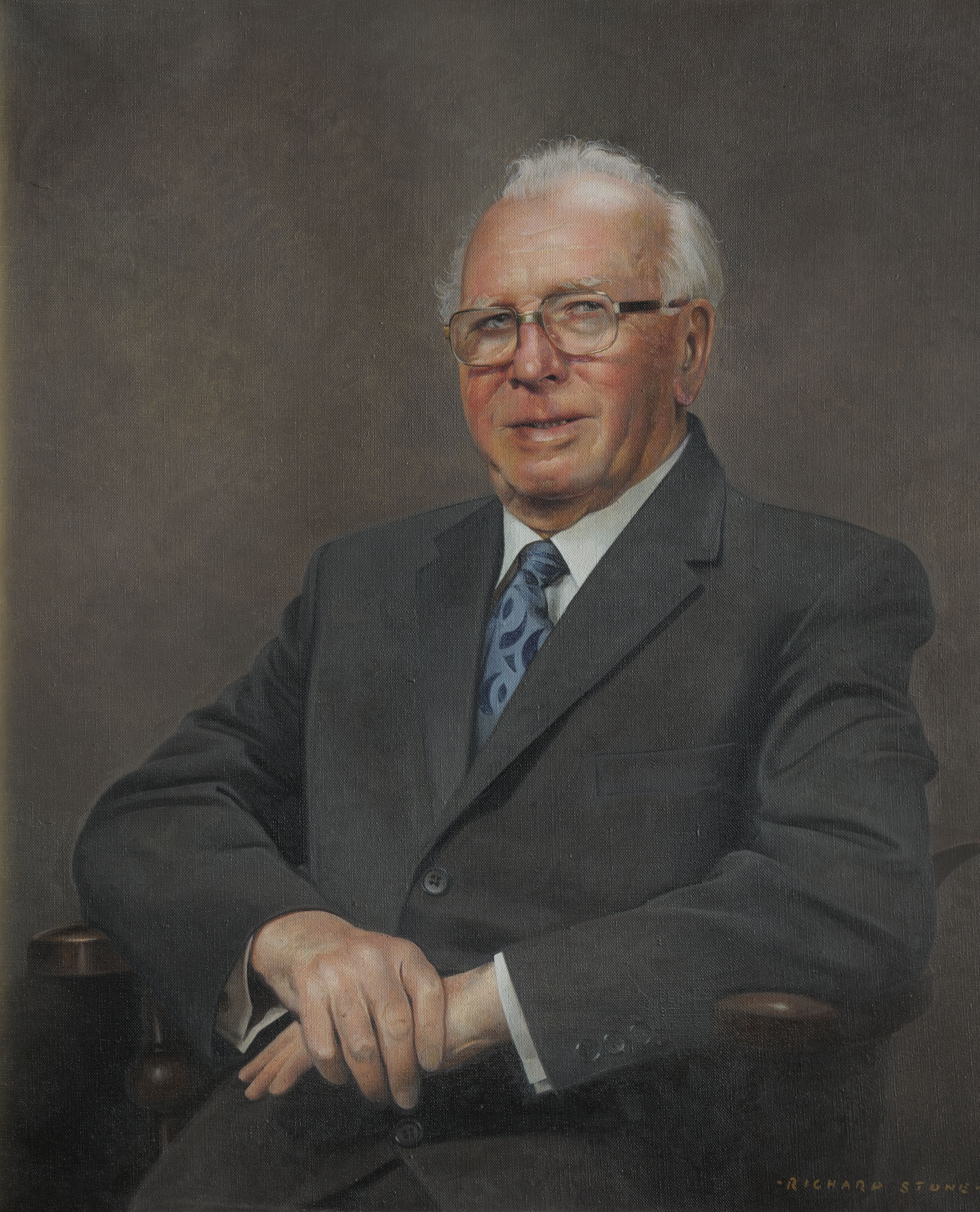 Portrait of Joseph Maitland Robinson, seated, by Richard Stone (1991)