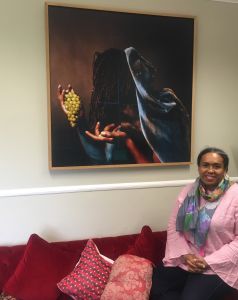 Fellow Dr Mónica Moreno-Figueroa with Rotimi Fani-Kayode's 'Grapes' (on loan to the College)