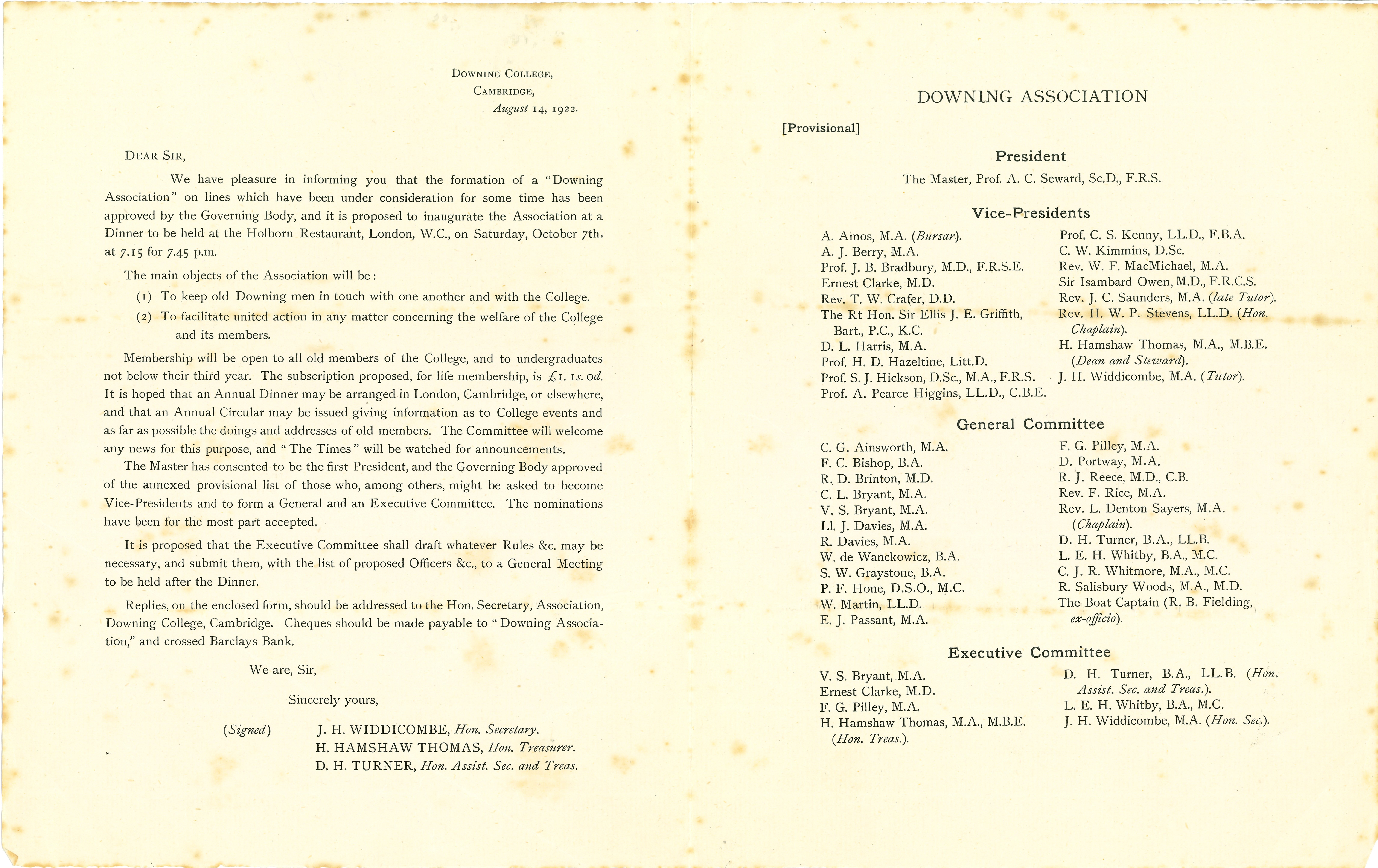 Notice announcing the formation of the Downing Association, 1922
